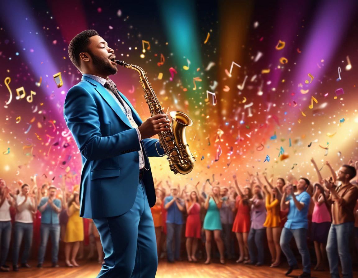A lively saxophonist joyfully playing on stage, surrounded by bright spotlights and colorful musical notes swirling around. The background features an enthusiastic audience clapping and dancing, all immersed in the cheerful music. Capture the essence of happiness and celebration with a vibrant and dynamic atmosphere. super-realistic. vibrant colors. 3D.