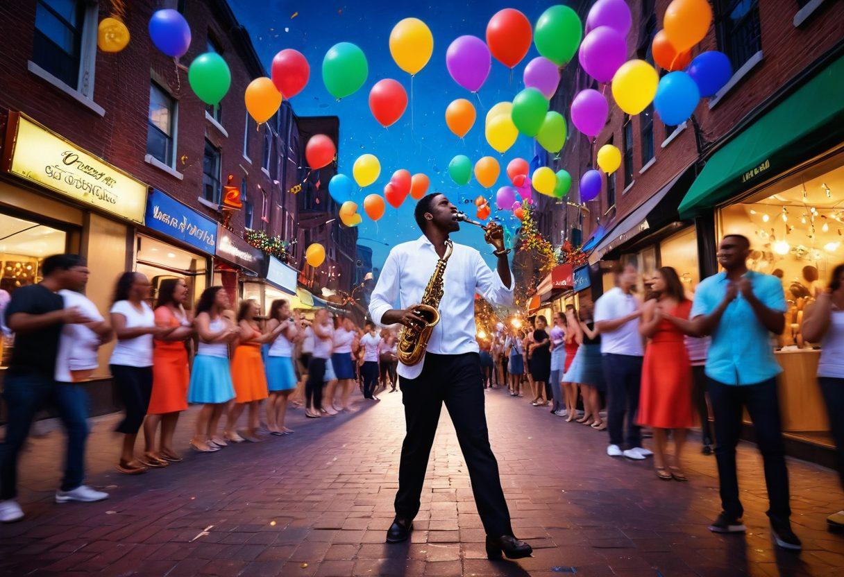 A lively street scene filled with people dancing joyfully to a saxophone player, surrounded by colorful musical notes floating in the air. The atmosphere is radiant with bright colors, featuring happy expressions of listeners immersed in the cheerful tunes. Vivid decorations and playful elements like balloons and confetti add to the festive vibe. The saxophonist is animated, with a flow of musical energy emanating from the instrument. super-realistic. vibrant colors. dynamic composition.