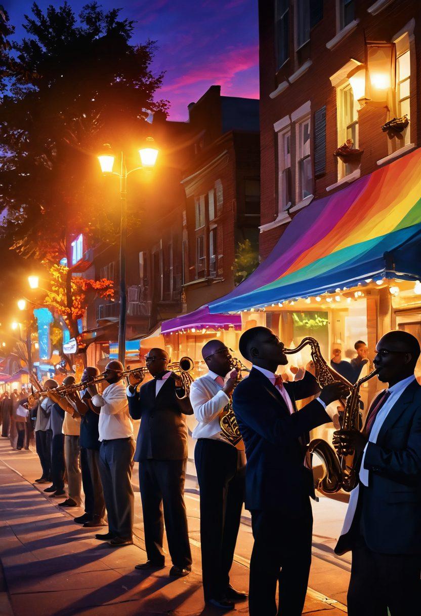 A lively street scene featuring a diverse group of musicians passionately playing saxophones under vibrant streetlights, with colorful musical notes dancing in the air. Add a sunset backdrop to create a warm, joyful atmosphere, and include a crowd of happy listeners enjoying the performance. The saxophones should be gleaming and detailed. vibrant colors. dynamic composition.